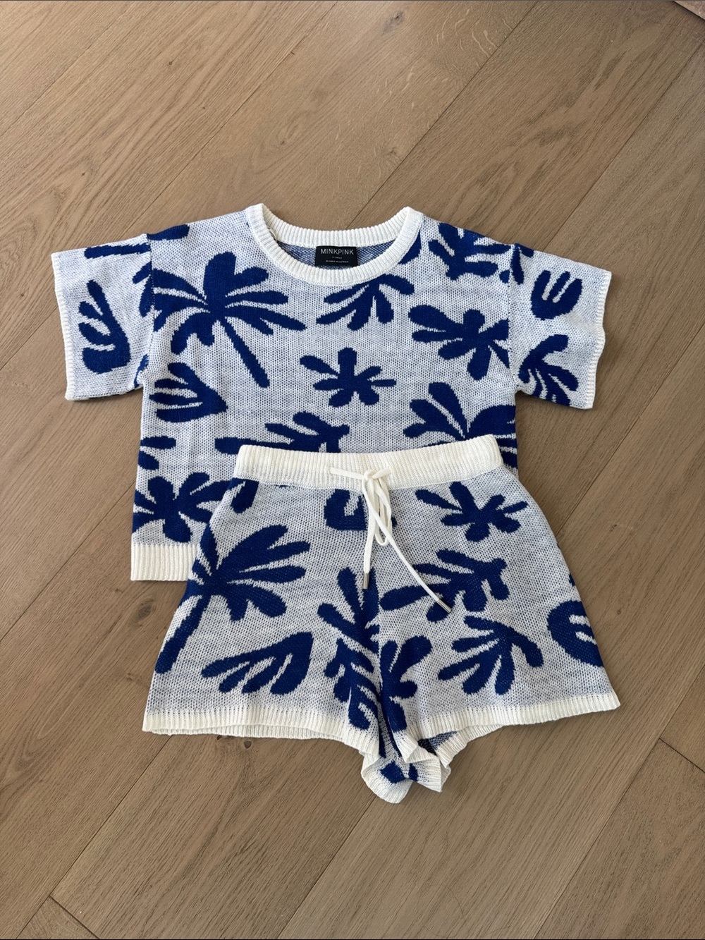 MinkPink Ithica Blue and White Knit Shorts Set Size XS